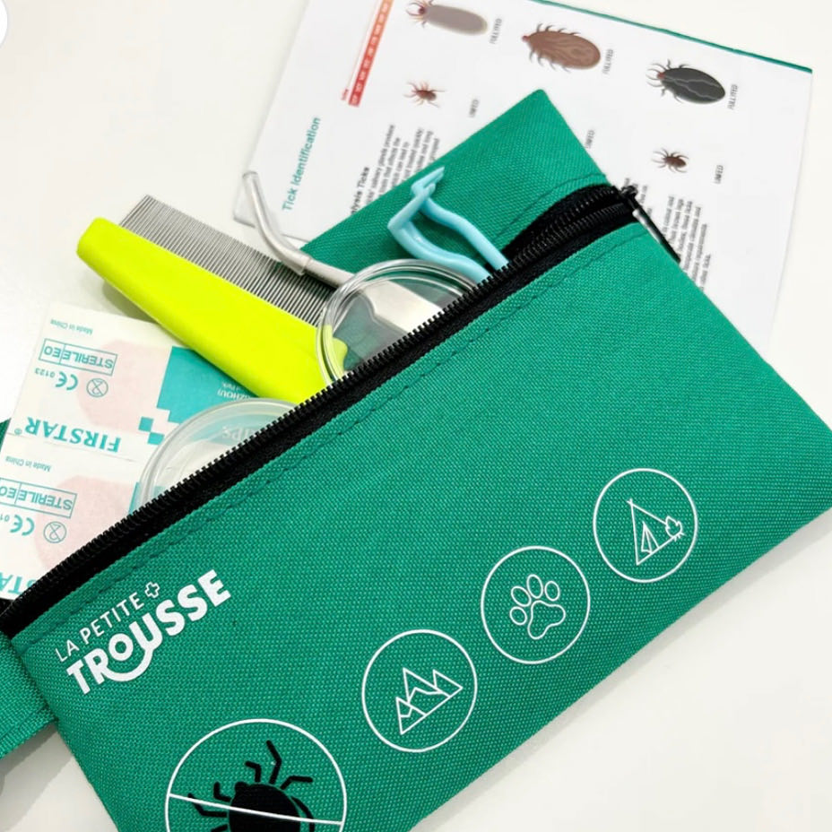 Gros plan sur la pochette du kit : peigne, pince, loupe et pansements